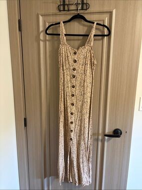 Button-Front Floral Maxi Dress in Beige